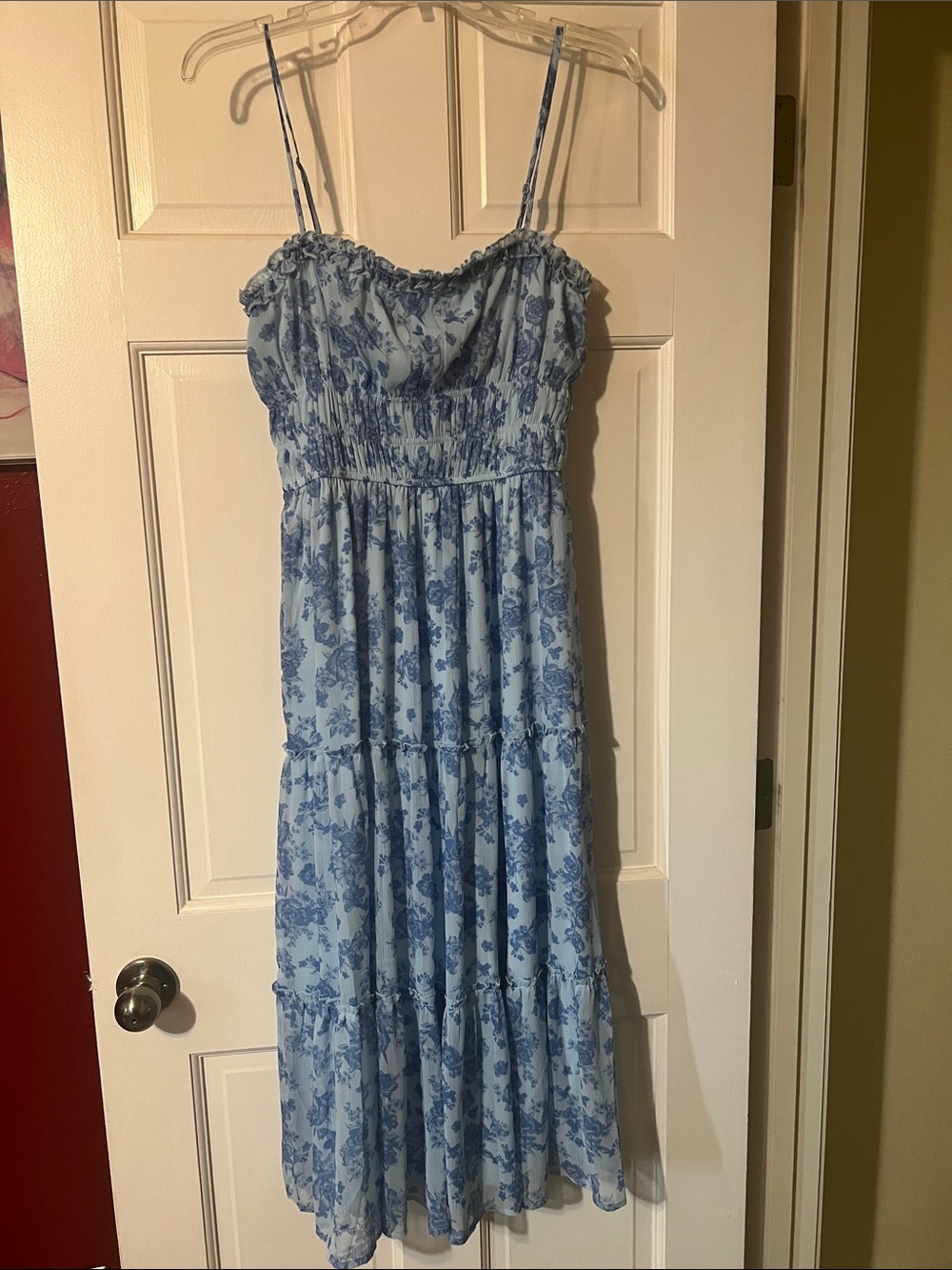 Francesca's Collections Light Blue Floral Smocked Midi Dress
